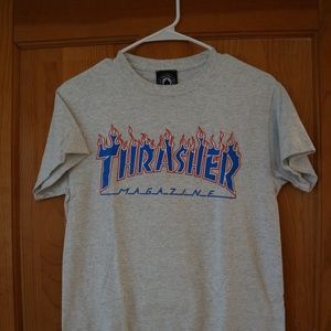 Thrasher Grey Tee with Blue and Red Flames